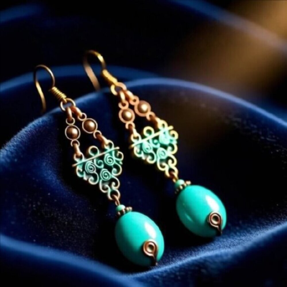 2/$25!!! Aqua Howlite + Copper Patina Painted Earrings - Big Bold Gorgeous! - Picture 3 of 12